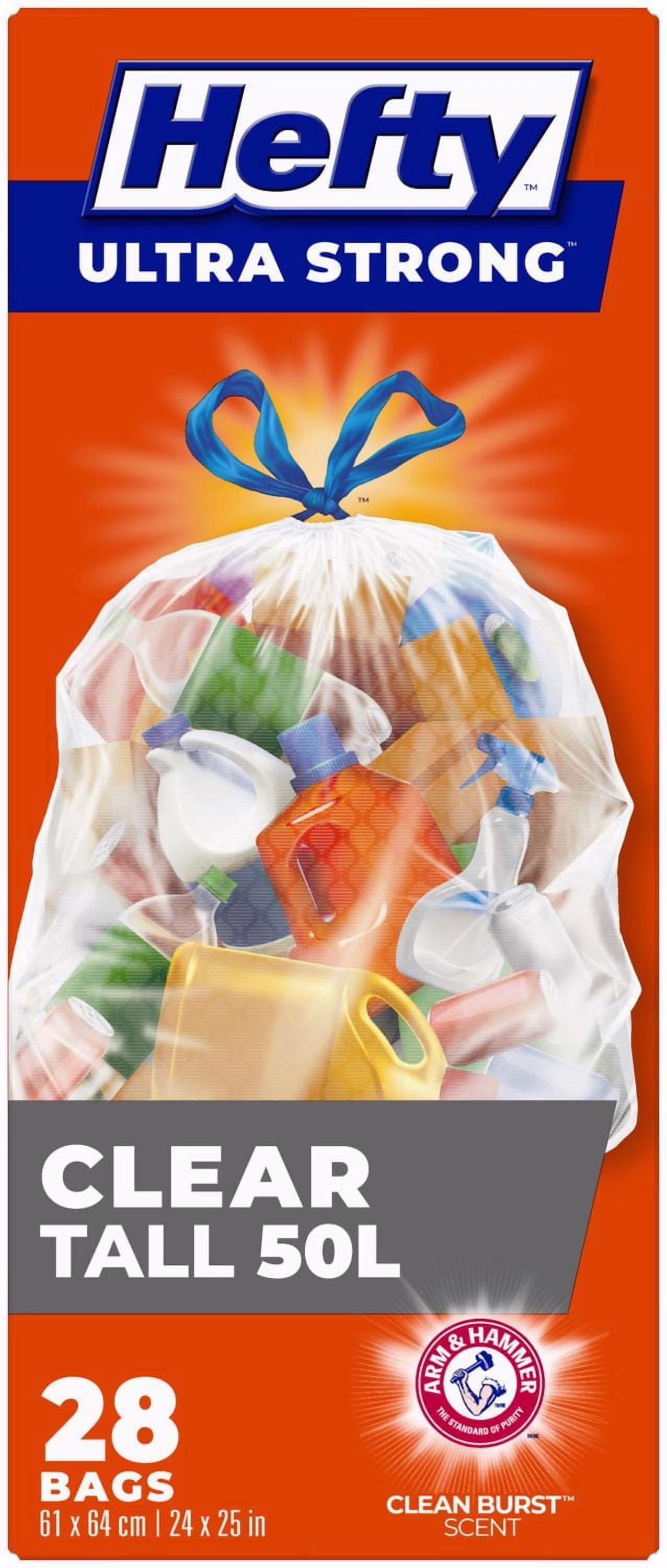 Hefty lot de 28 sacs poubelle transparents ultra résistants avec cordon de serrage et neutraliseur d'odeurs de itres