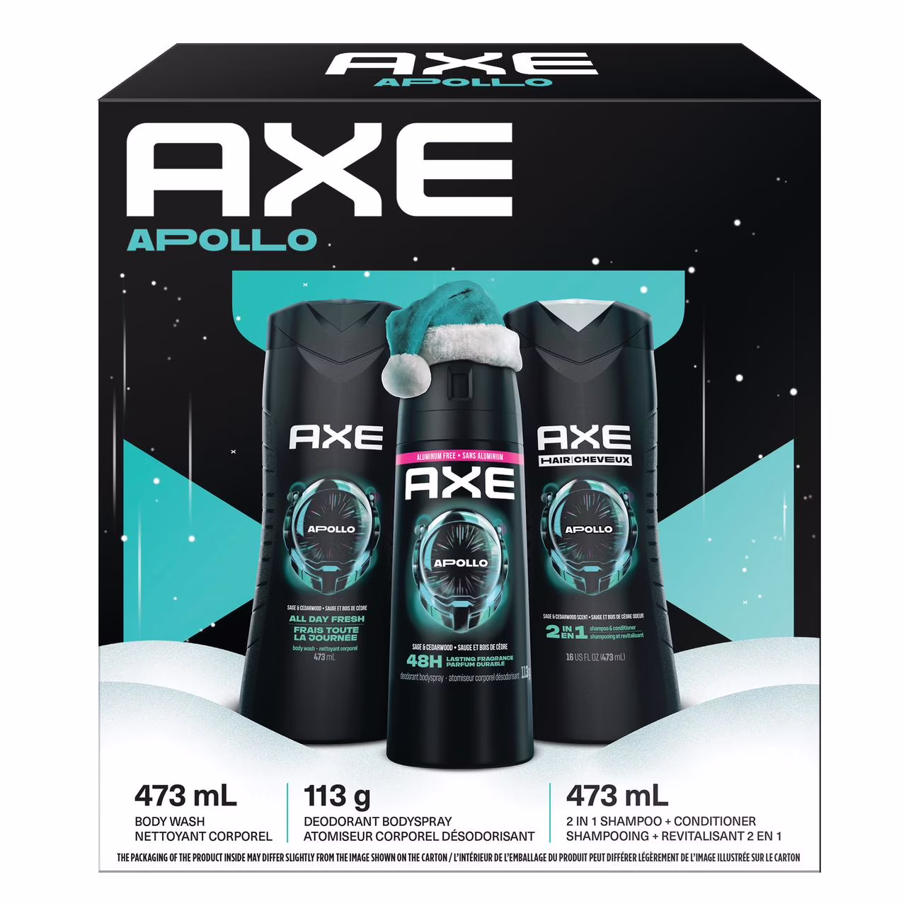 Ensemble-cadeau pour homme avec nettoyant corporel. shampooing et revitalisant 2-en-1 et atomiseur corporel désodorisant axe pour homme apollo parfum emblématique. 3 pièces