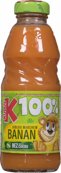 Jus kubus 100 % carotte pomme banane. bouteille en verre de  kubus jus carottepommebanane