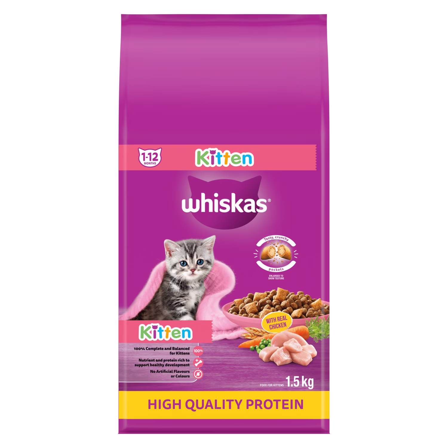 Whiskas chaton riche en protéines avec du vrai poulet nourriture sèche pour chaton 1.5kg