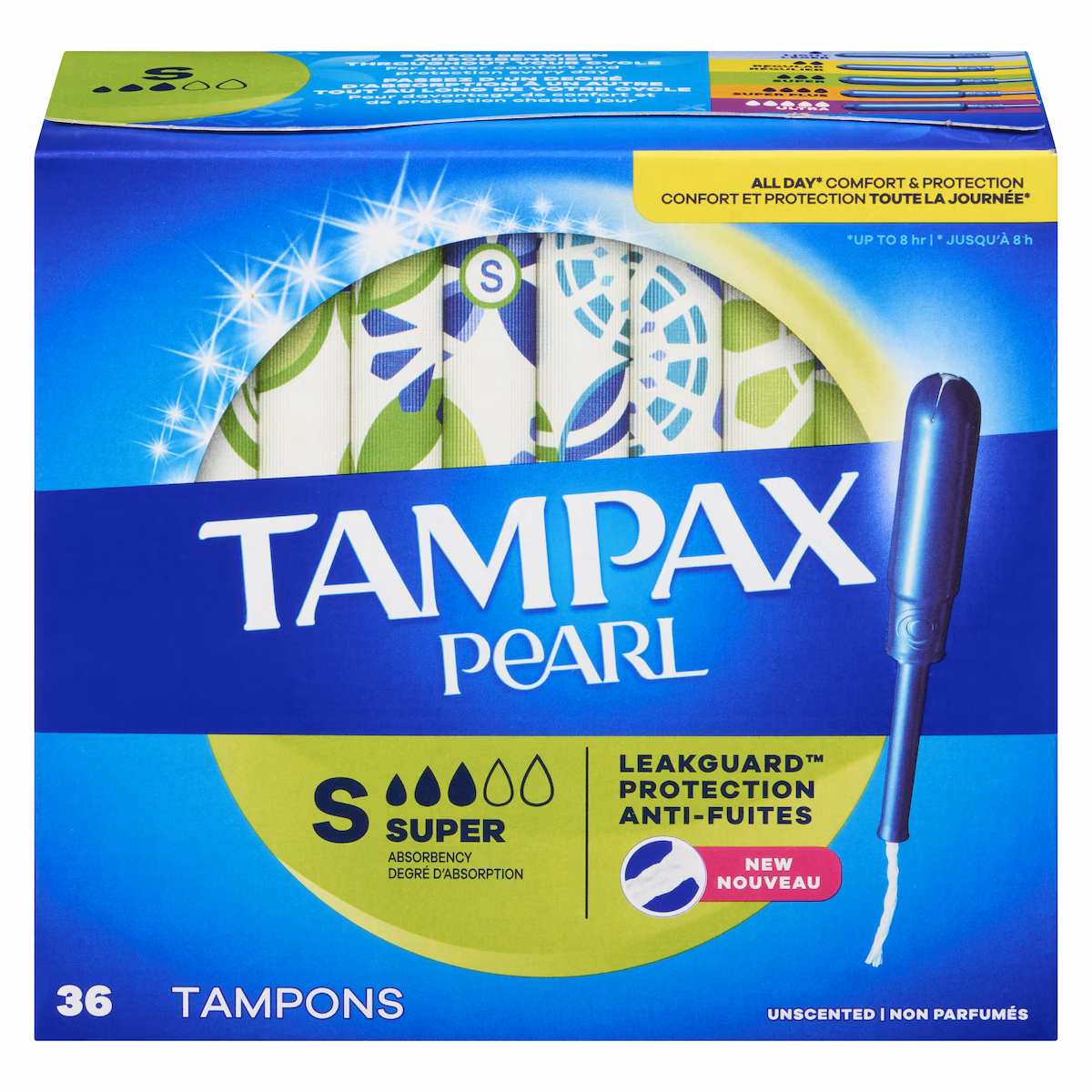 Tampons Pearl avec tresse anti-fuites LeakGuard, degré dabsorption super, non parfumés, 36 tampons.