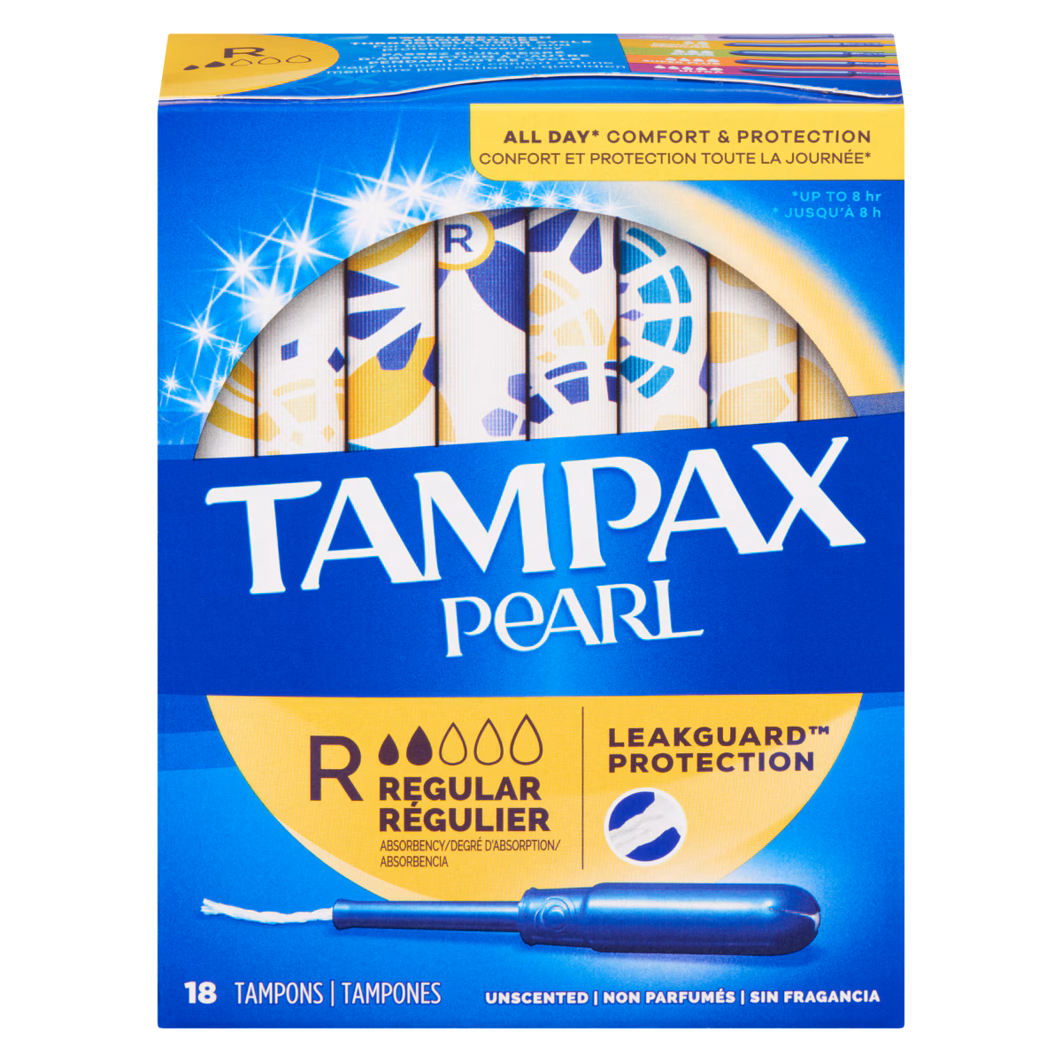 Tampons Pearl avec tresse anti-fuites LeakGuard, degré dabsorption régulier, non parfumés, 18 tampons.