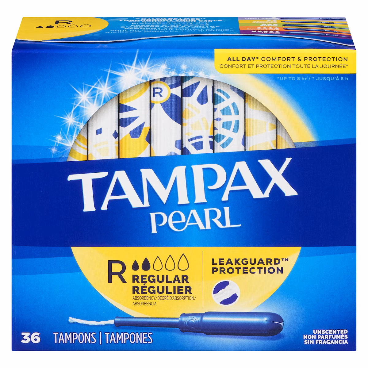 Tampons Pearl avec tresse anti-fuites LeakGuard, degré dabsorption régulier, non parfumés, 36 tampons.