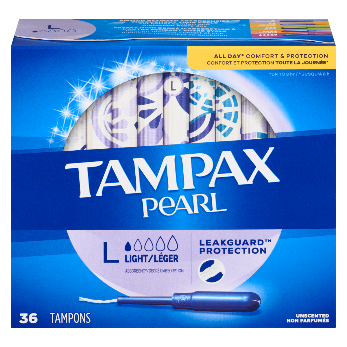 Tampons Pearl avec tresse anti-fuites LeakGuard, degré dabsorption léger, non parfumés, 36 tampons.
