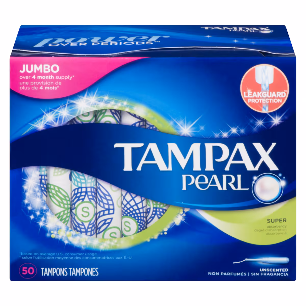 Tampons Pearl avec tresse anti-fuites LeakGuard, degré dabsorption super, non parfumés, 50 tampons.