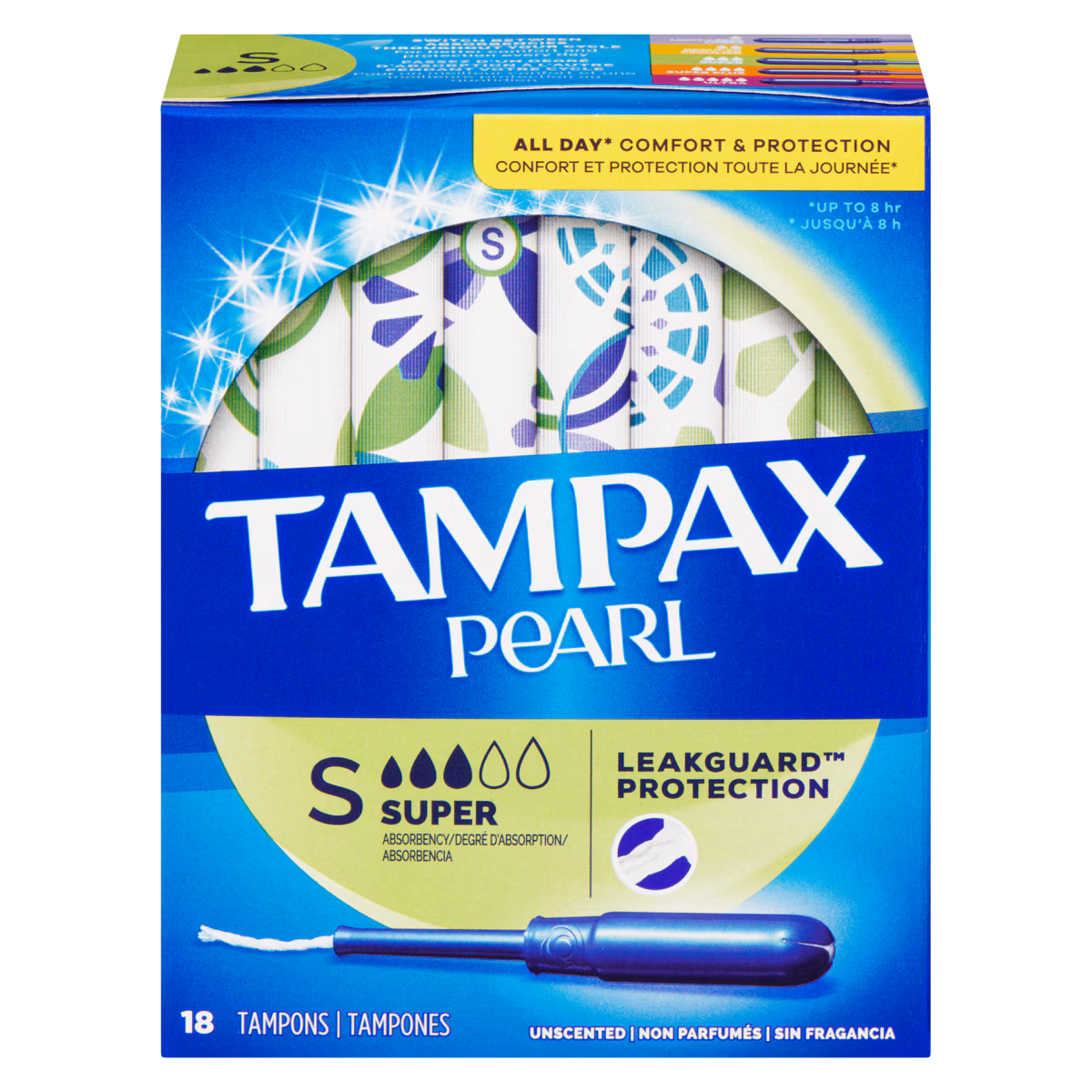 Tampons Pearl avec tresse anti-fuites LeakGuard, degré dabsorption super, non parfumés, 18 tampons