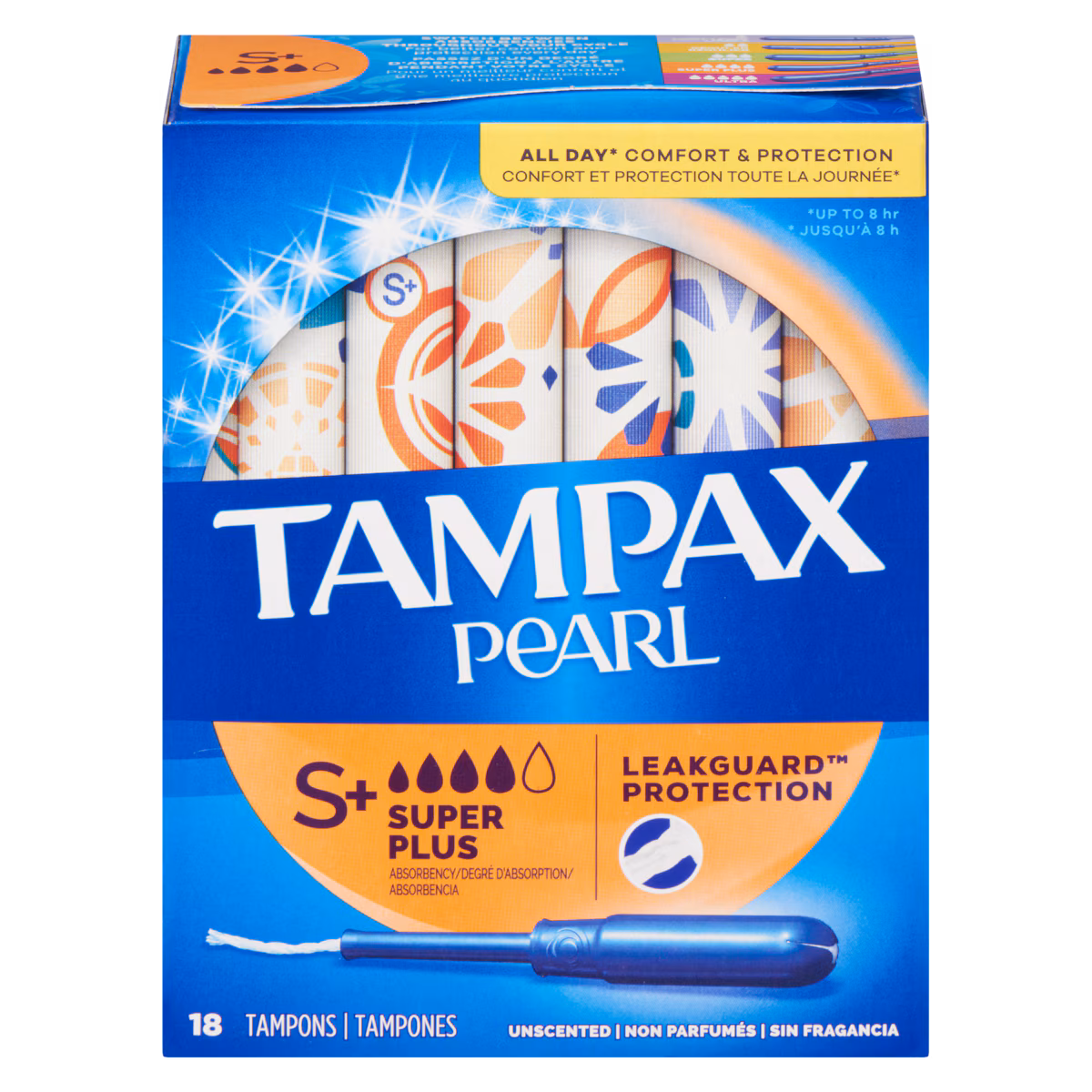 Tampons Pearl avec tresse anti-fuites LeakGuard, degré dabsorption super plus, non parfumés, 18 tampons.