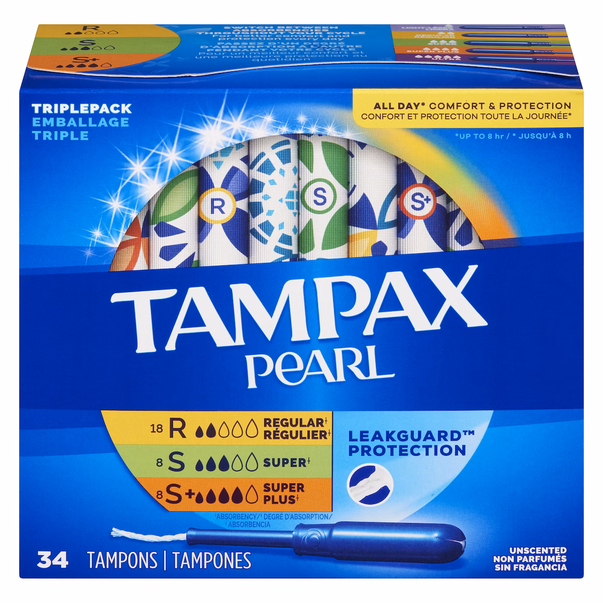 Tampons Pearl avec tresse anti-fuites LeakGuard, degré dabsorption réguliersupersuper plus, emballage triple, non parfumés, 34 tampons.