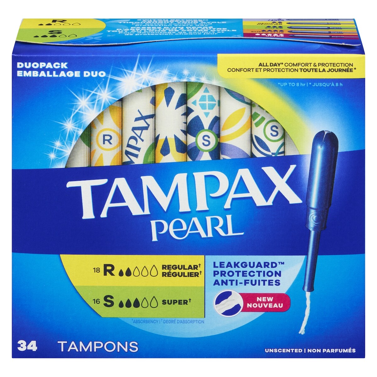 Tampons Pearl avec tresse anti-fuites LeakGuard, degré dabsorption réguliersuper, emballage duo, non parfumés, 34 tampons.