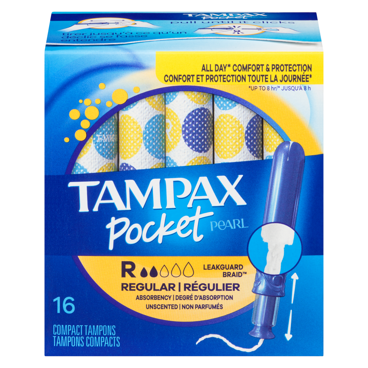 Tampons Pocket Pearl avec tresse anti-fuites LeakGuard, degré dabsorption régulier, non parfumés, 16 tampons.