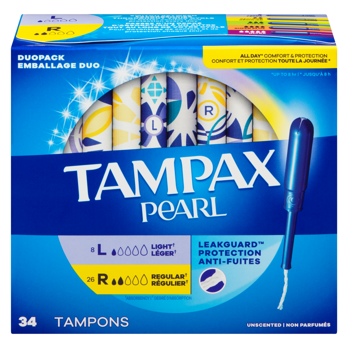 Tampons pearl avec tresse anti-fuites leakguard, emballage duo, degré dabsorption légerrégulier, non parfumés, 34tampons