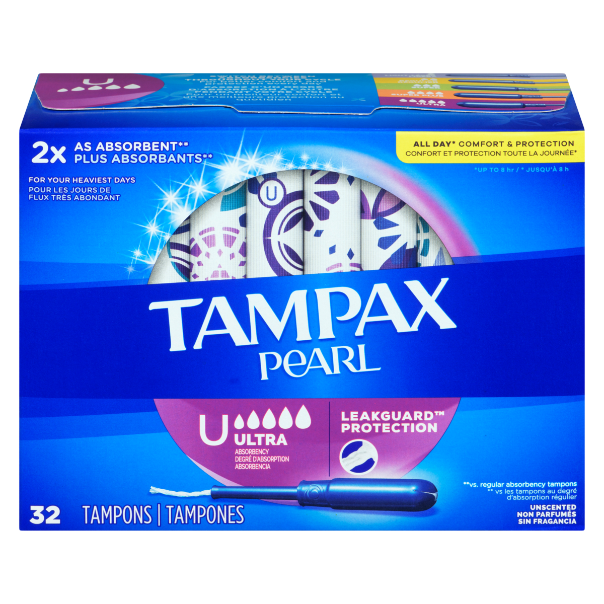 Tampons Pearl avec tresse anti-fuites LeakGuard, degré dabsorption ultra, non parfumés, 32 tampons.
