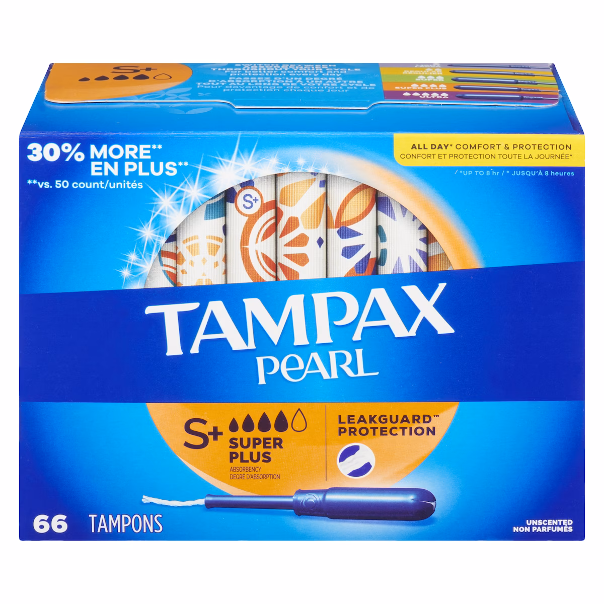 Tampons Pearl avec tresse anti-fuites LeakGuard, degré dabsorption super plus, non parfumés, 66 tampons.