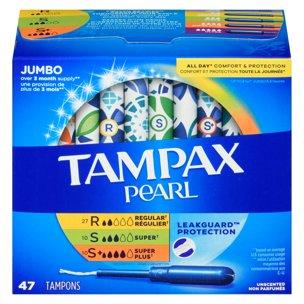 Tampons tampax pearl avec tresse anti-fuites leakguard, degré dabsorption réguliersupersuper plus, emballage triple, non parfumés
