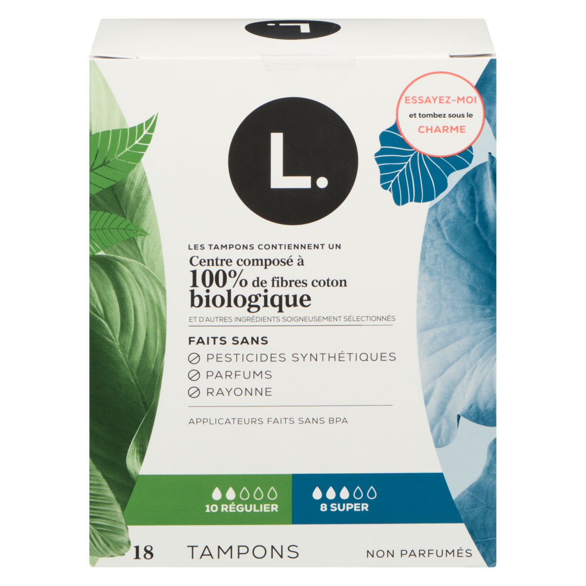 Tampons coton biologique sans parfum, paquet de 18