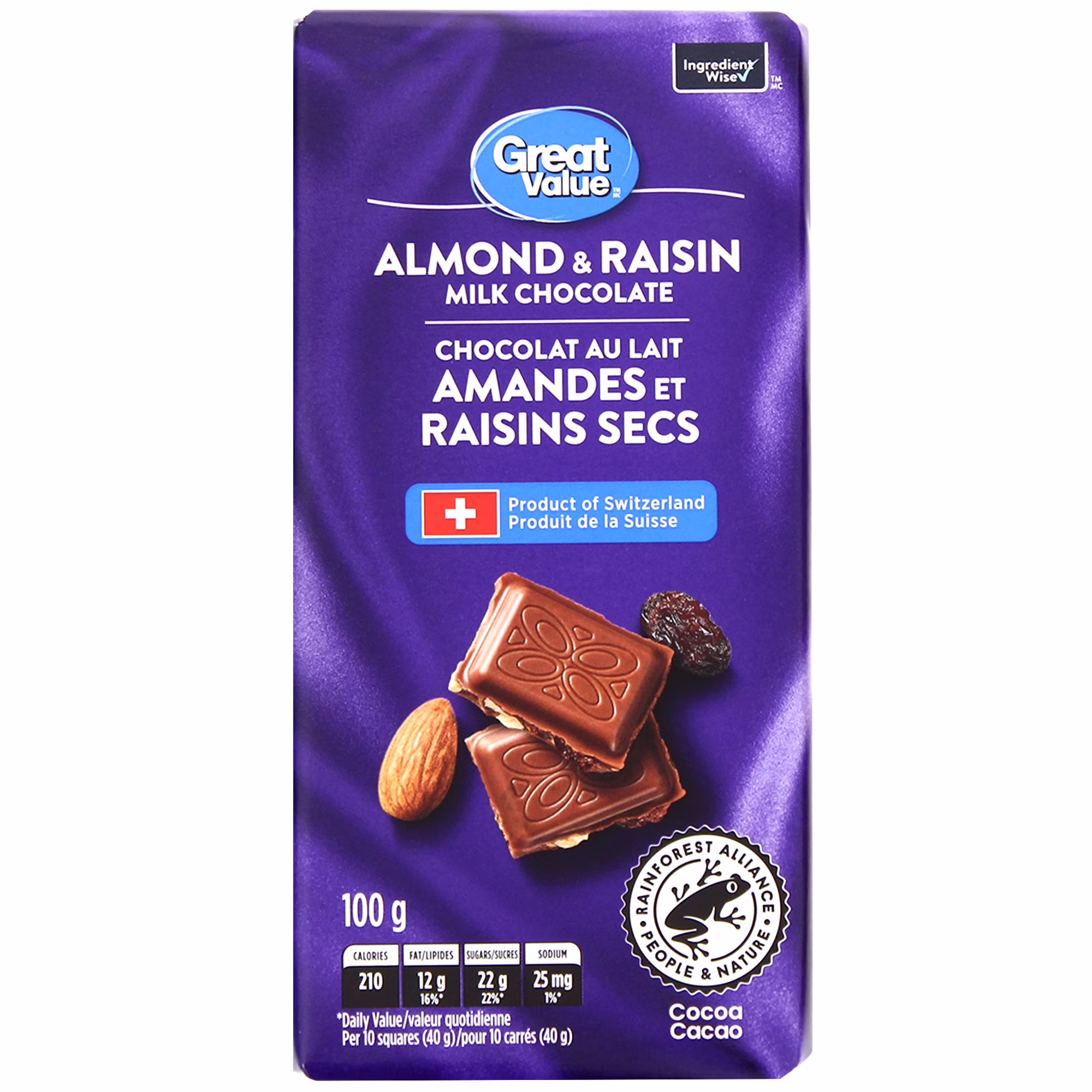 Chocolat au lait aux amandes et raisins secs de great value