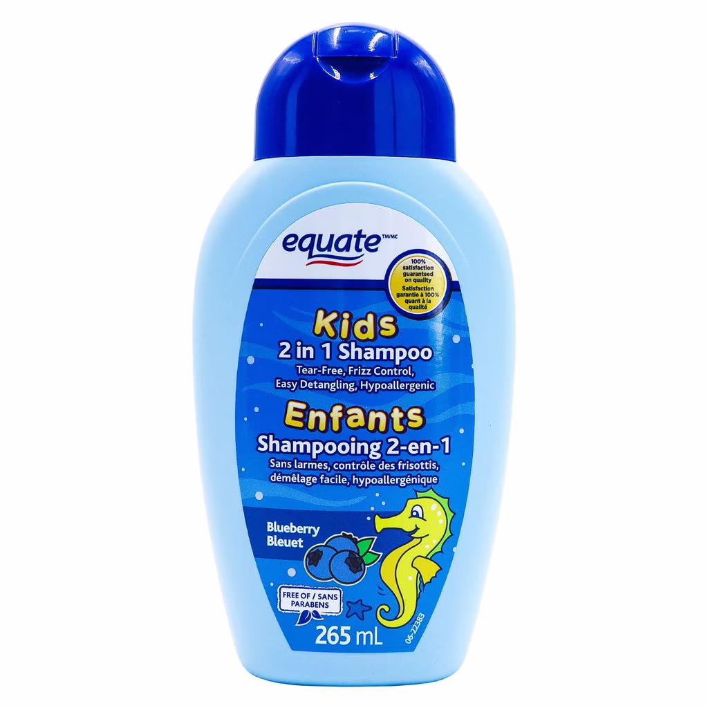 Shampoing et après-shampoing 2 en 1 equate kids à la myrtille.