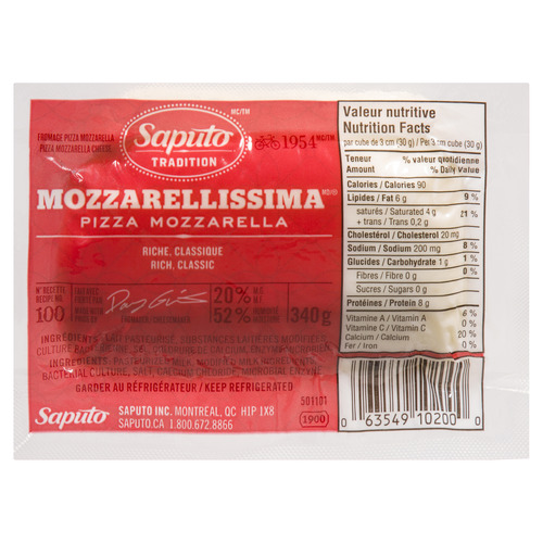 Saputo Fromage mozzarella pour la pizza 20% 340 g