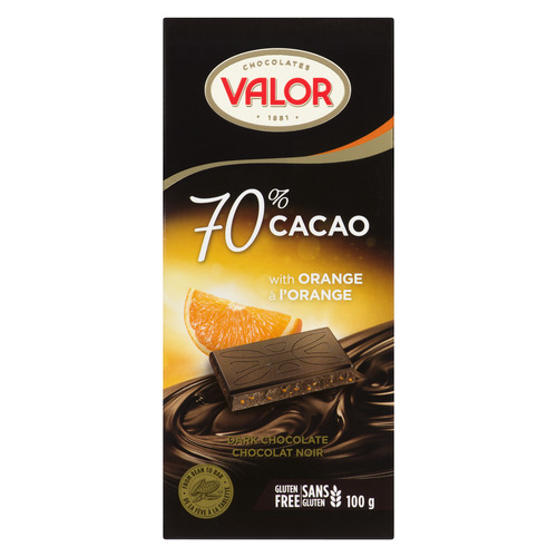 Valor Tablette de chocolat noir à l'orange avec 70 % de cacao 100 g