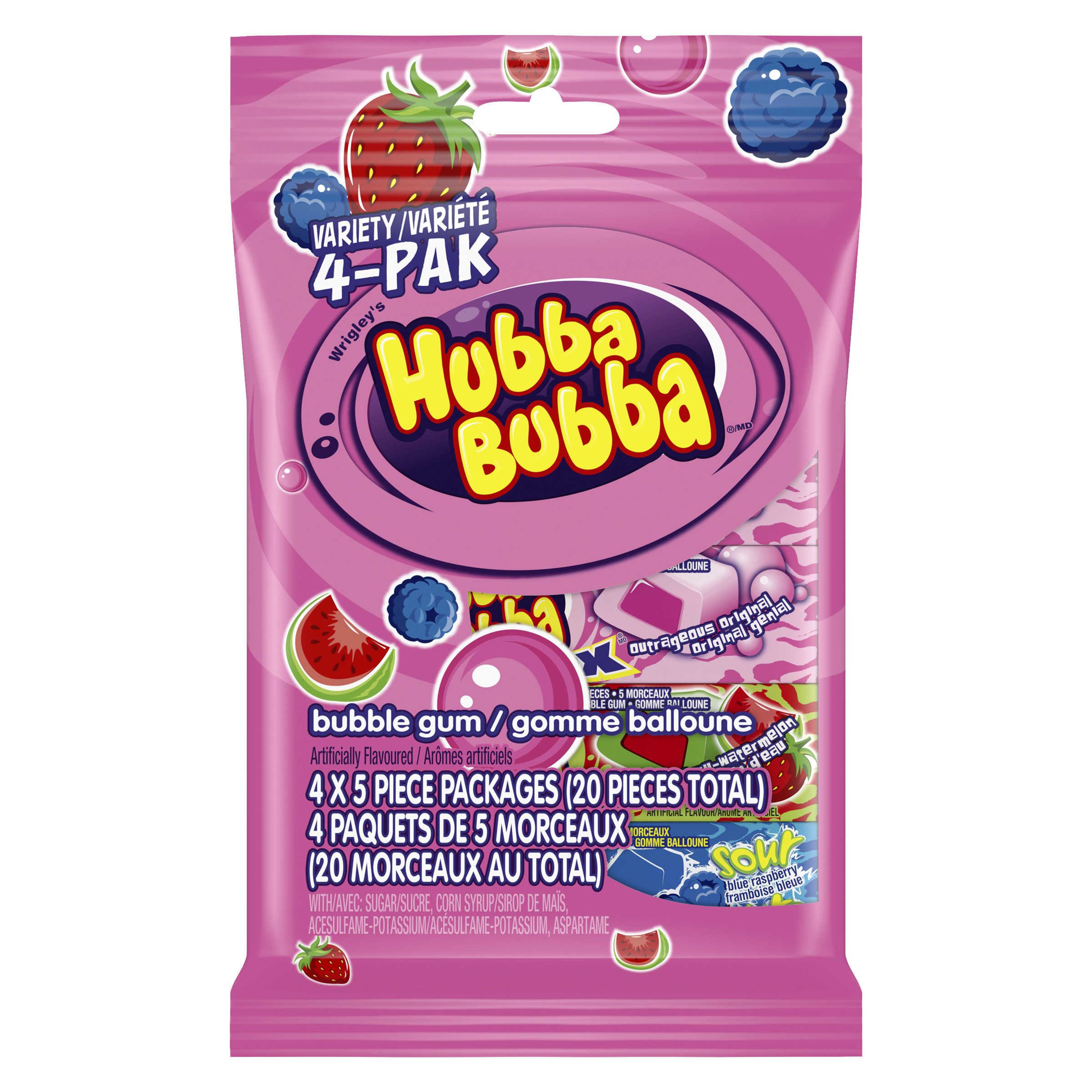 Hubba bubba. fruits mélangés. gomme bal.. emb. varié. 5 morc.. 4 emb. (4) x 5 morceaux