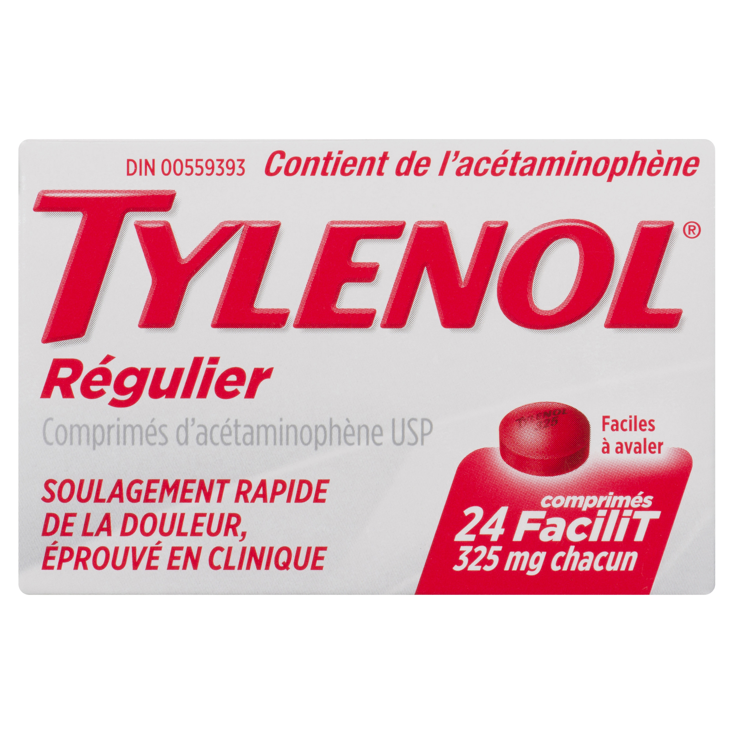 Tylenol Comprimés d'acétaminophène réguliers d'acétaminophène souge le mal de tête les douleurs courbatures la fièv 24 un
