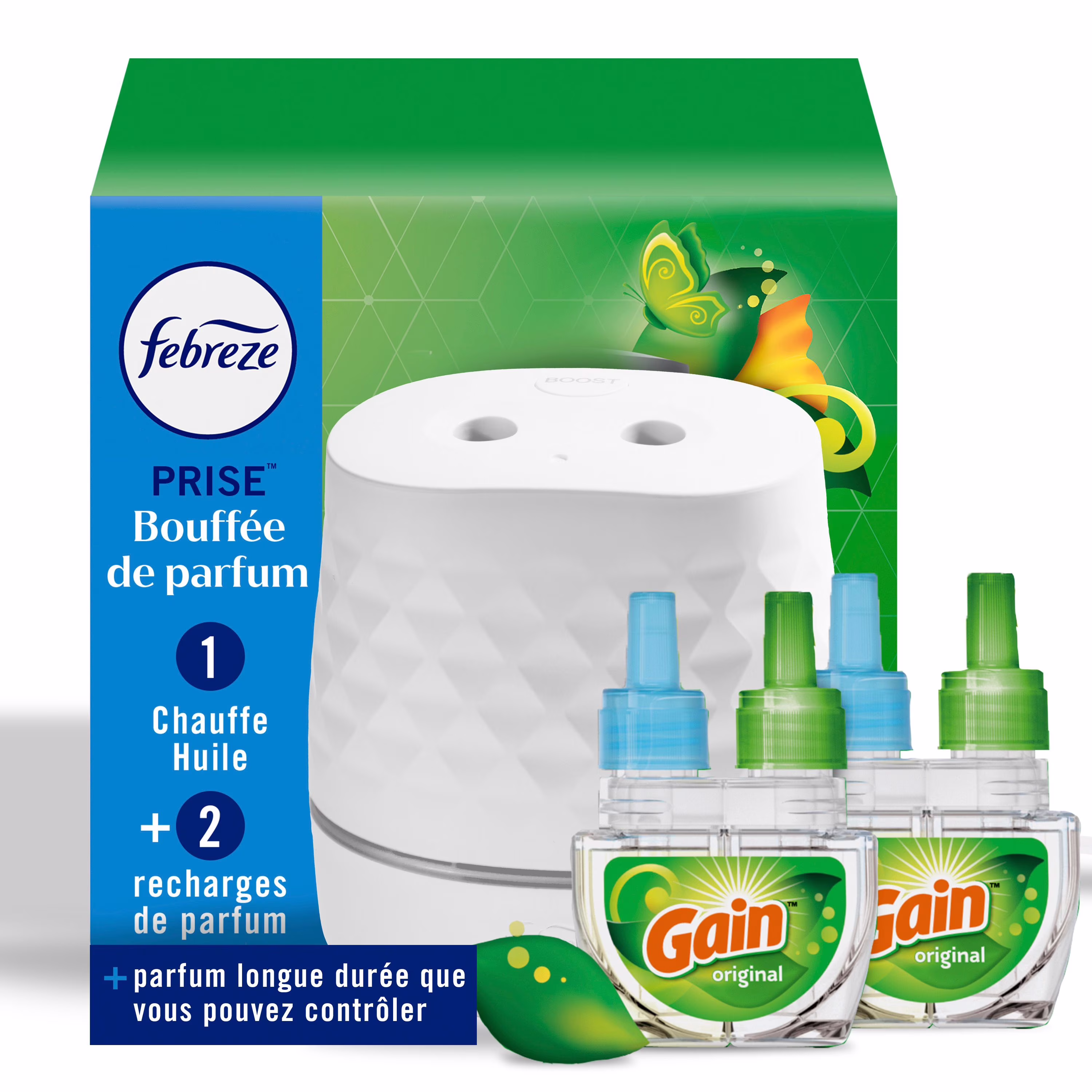 Trousse de départ febreze prise bouffée de parfum. blanc. diffuseur dhuile. assainisseur dair à brancher. appareil pour parfum continu + 1 recharge gain original