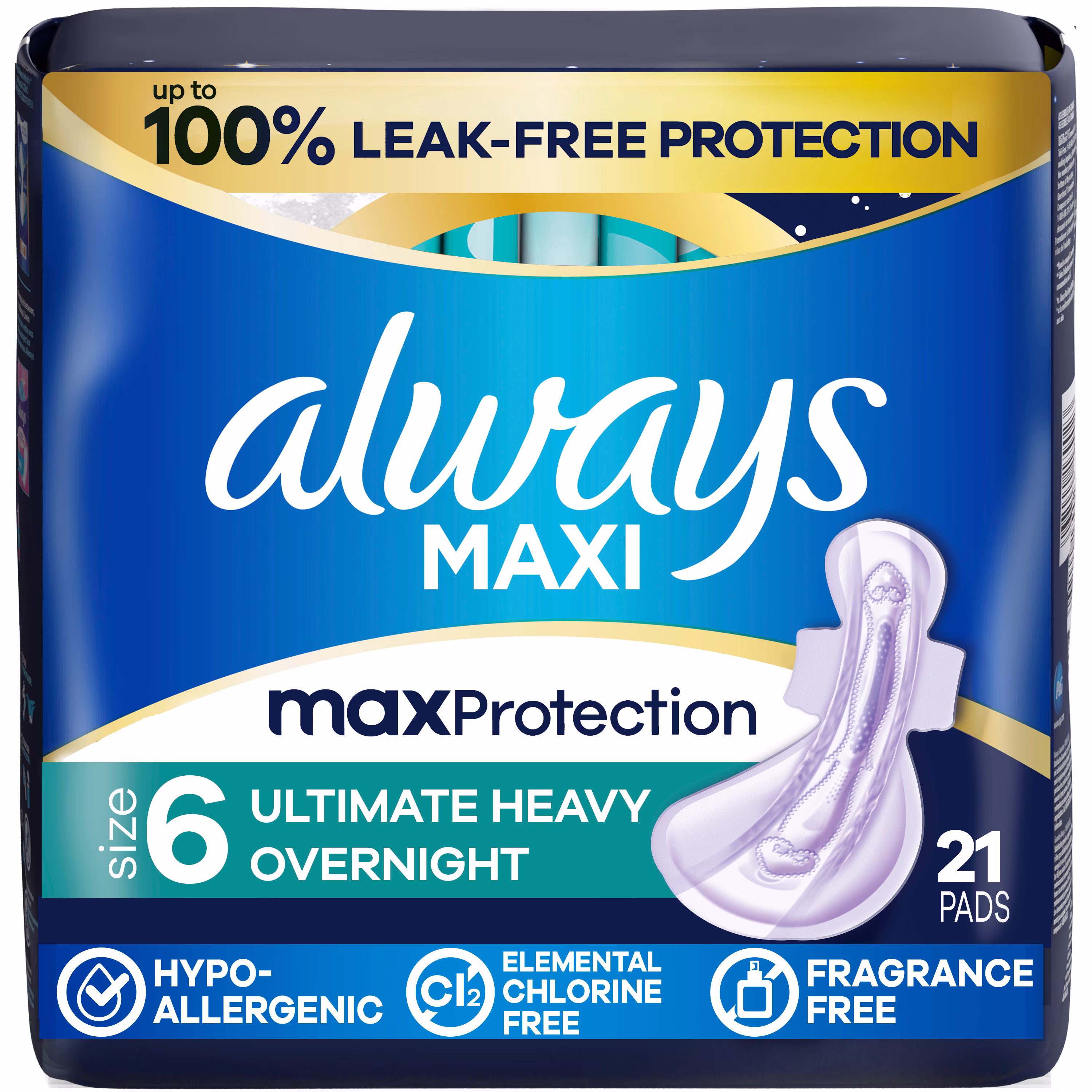 Serviettes always maxi de nuit. degré dabsorption de nuit suprême très abondant. avec ailes. pour femmes. taille6. non parfumées. 21serviettes
