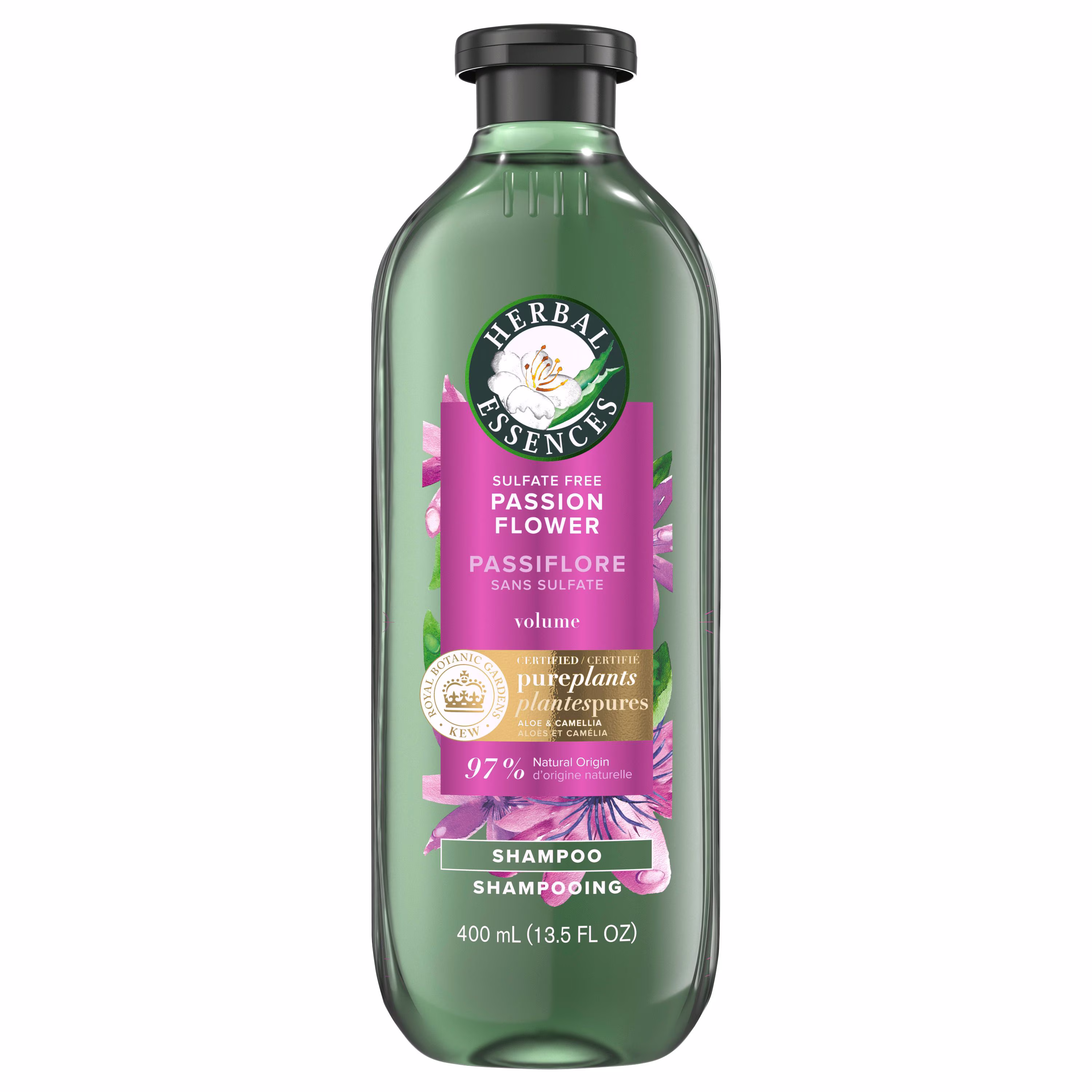 Shampooing volumisant sans sulfate à la passiflore herbal essences. avec huile de camélia et aloès certifiés. pour tous les types de cheveux. particulièrement les cheveux fins
