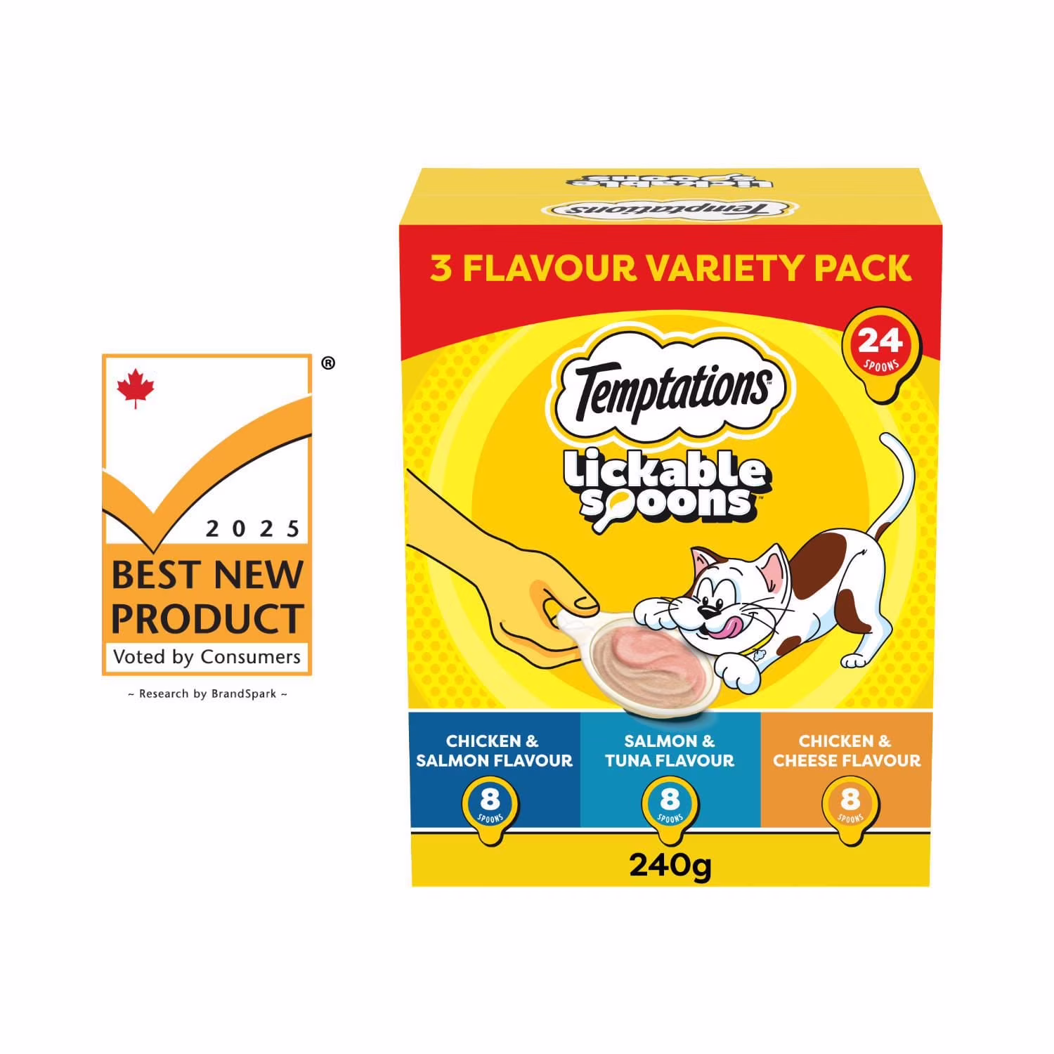 Temptations lickable spoons gâteries pour chats adultes saveur de poulet et de saumon. saveur de saumon et de thon. saveur de poulet et de fromage 24 tubes