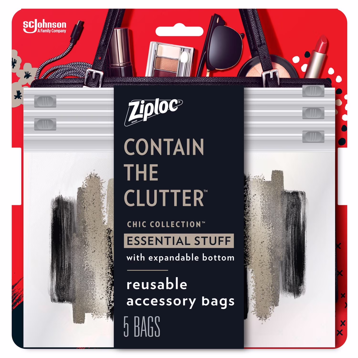 Ziploc sacs réutilisables pour voyages. maquillage et accessoires. idéals pour l'organisation à l'école ou à la maison. collection chic. grand format. emballage de 5 collection chic