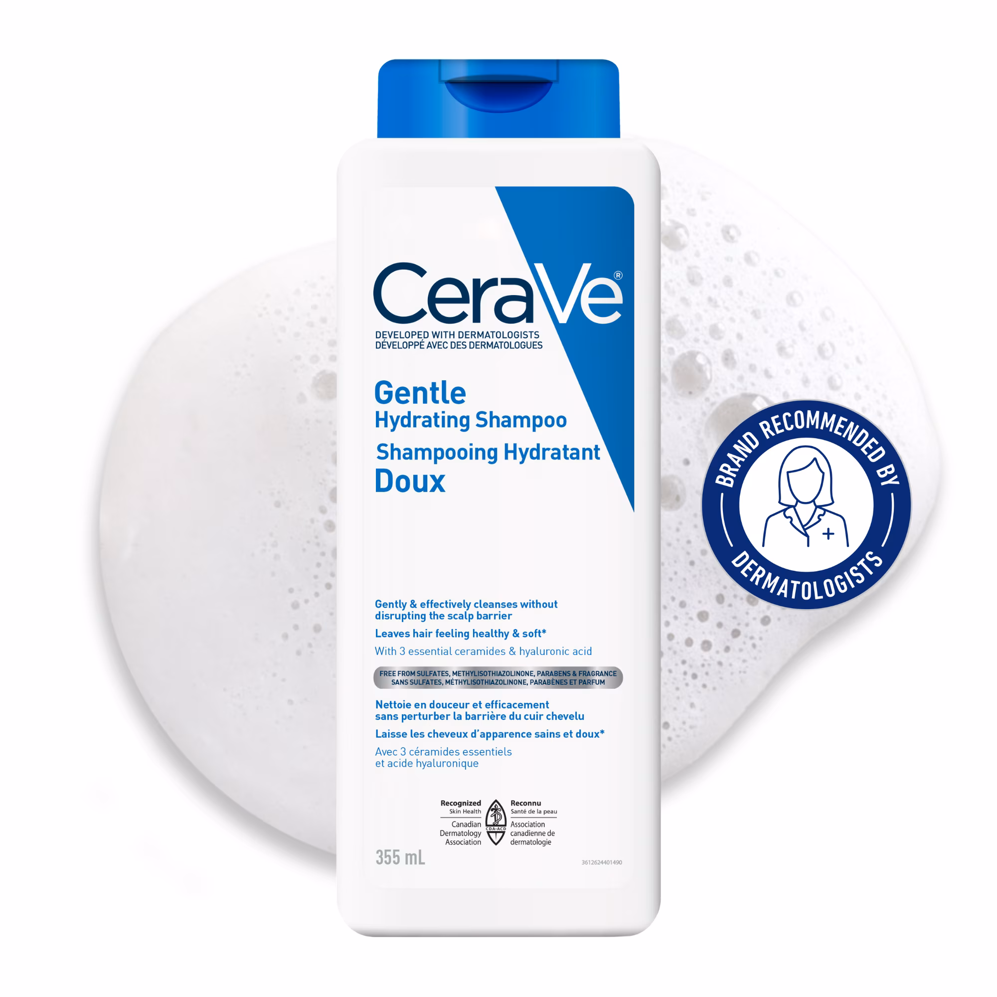 Cerave shampooing hydratant doux. shampooing sans sulfate avec céramides et niacinamide.  pour des cheveux doux et sains