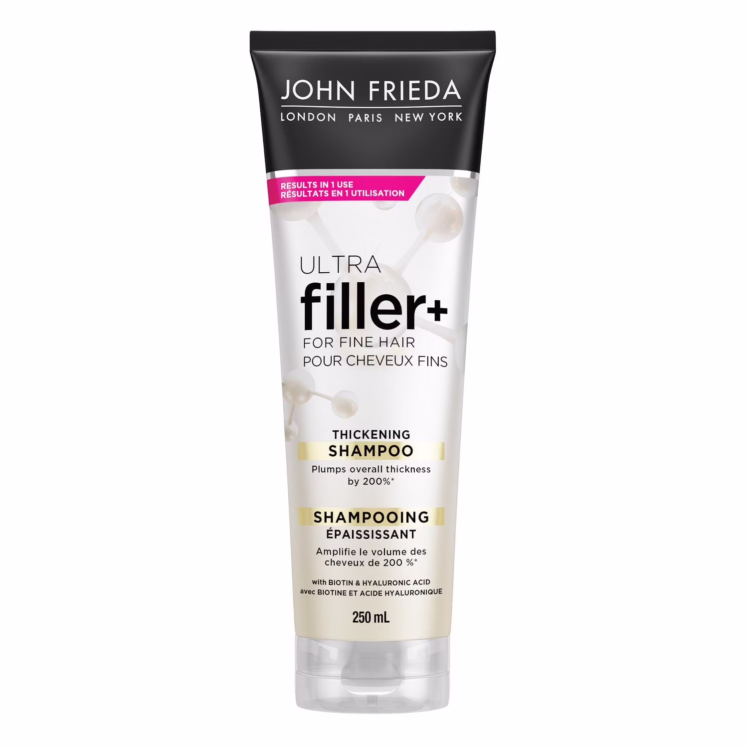 John frieda ultra filler+ shampooing épaississant pour cheveux fins & clairsemés. infusé de biotine et d'acide hyaluronique pour des cheveux plus épais. plus denses et plus forts