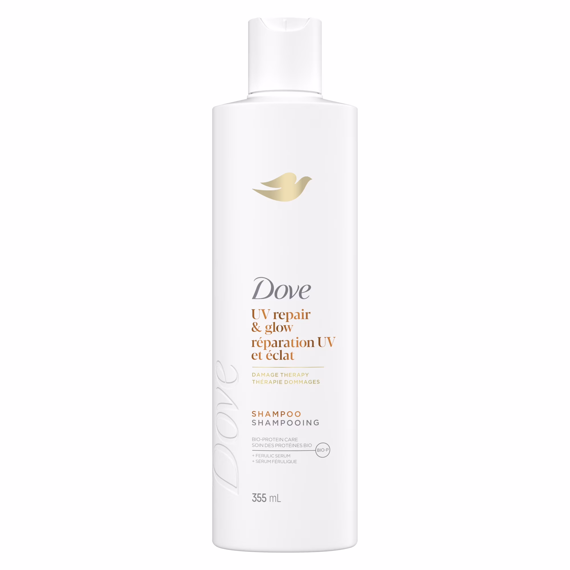 Shampooing répare 99 % des dommages capillaires causés par dove damage therapy les uv uv repair & glow avec sérum à lacide férulique