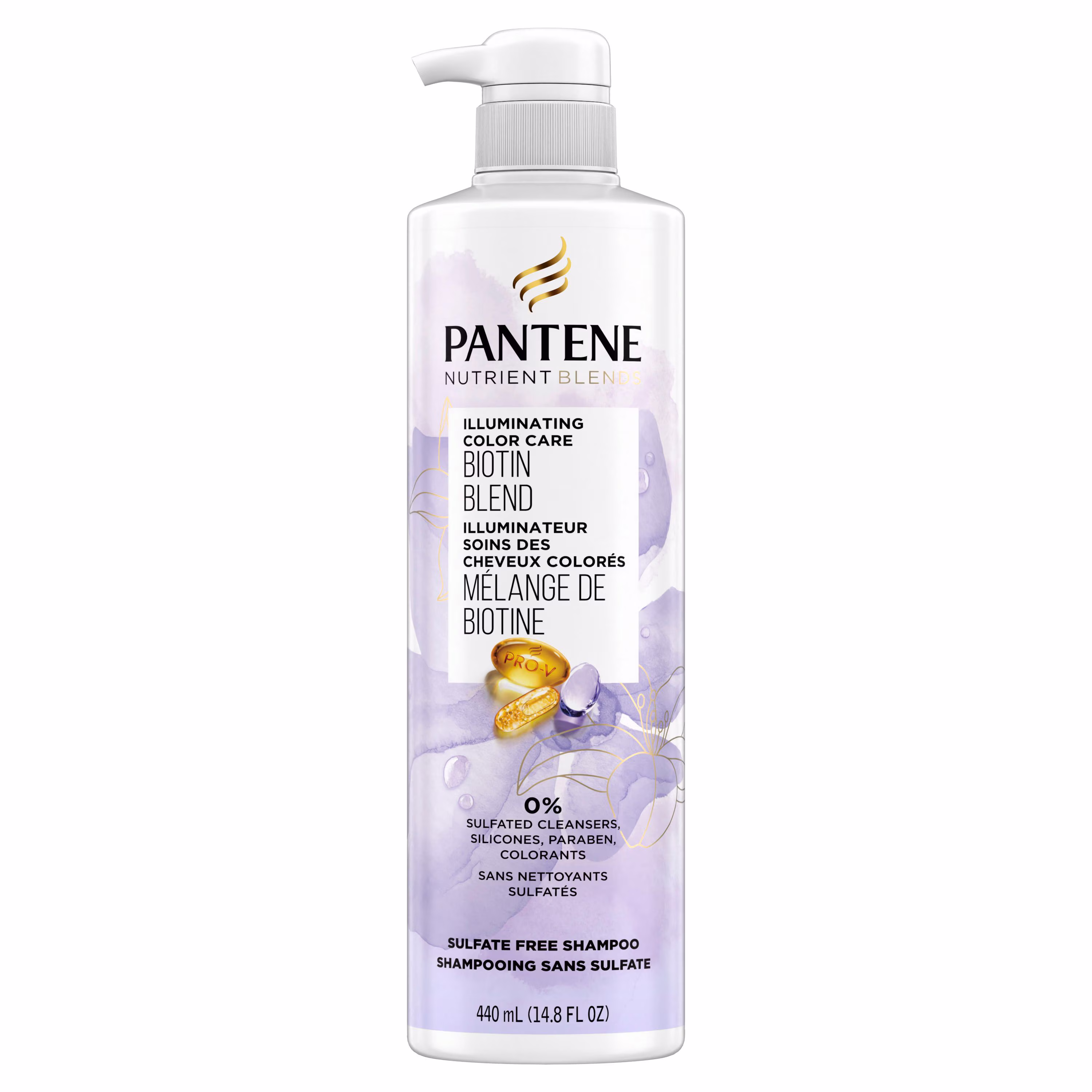 Pantene shampooing sans sulfate. soin de couleur illuminant à la biotine. sans danger pour les cheveux colorés. mélanges de nutriments