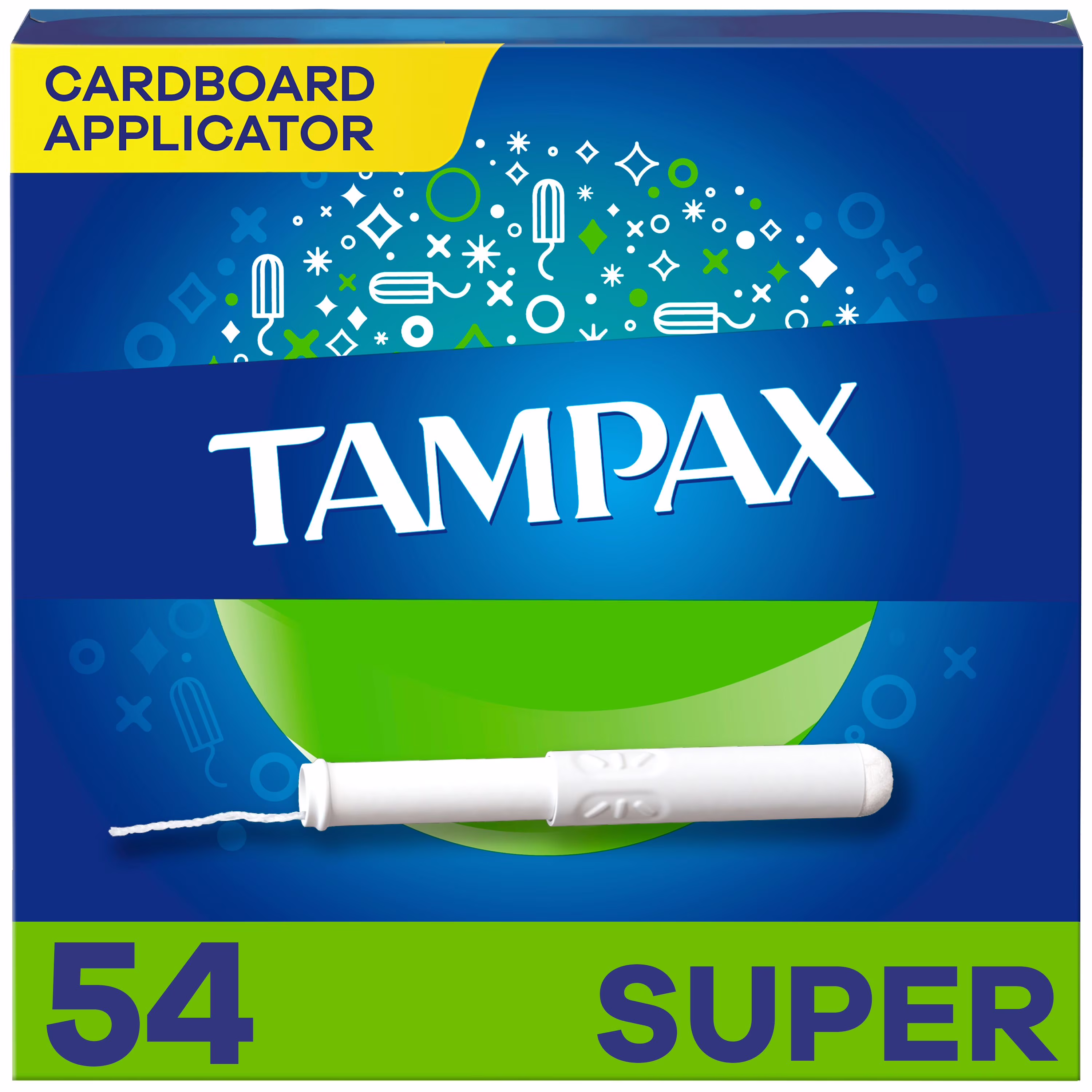 Tampons tampax avec applicateur en carton. degré dabsorption super. embout facile à saisir. jupette anti-fuites leakguard. non parfumés 54ct