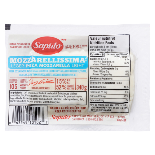 Saputo Fromage mozzarella léger pour la pizza 15% 340 g
