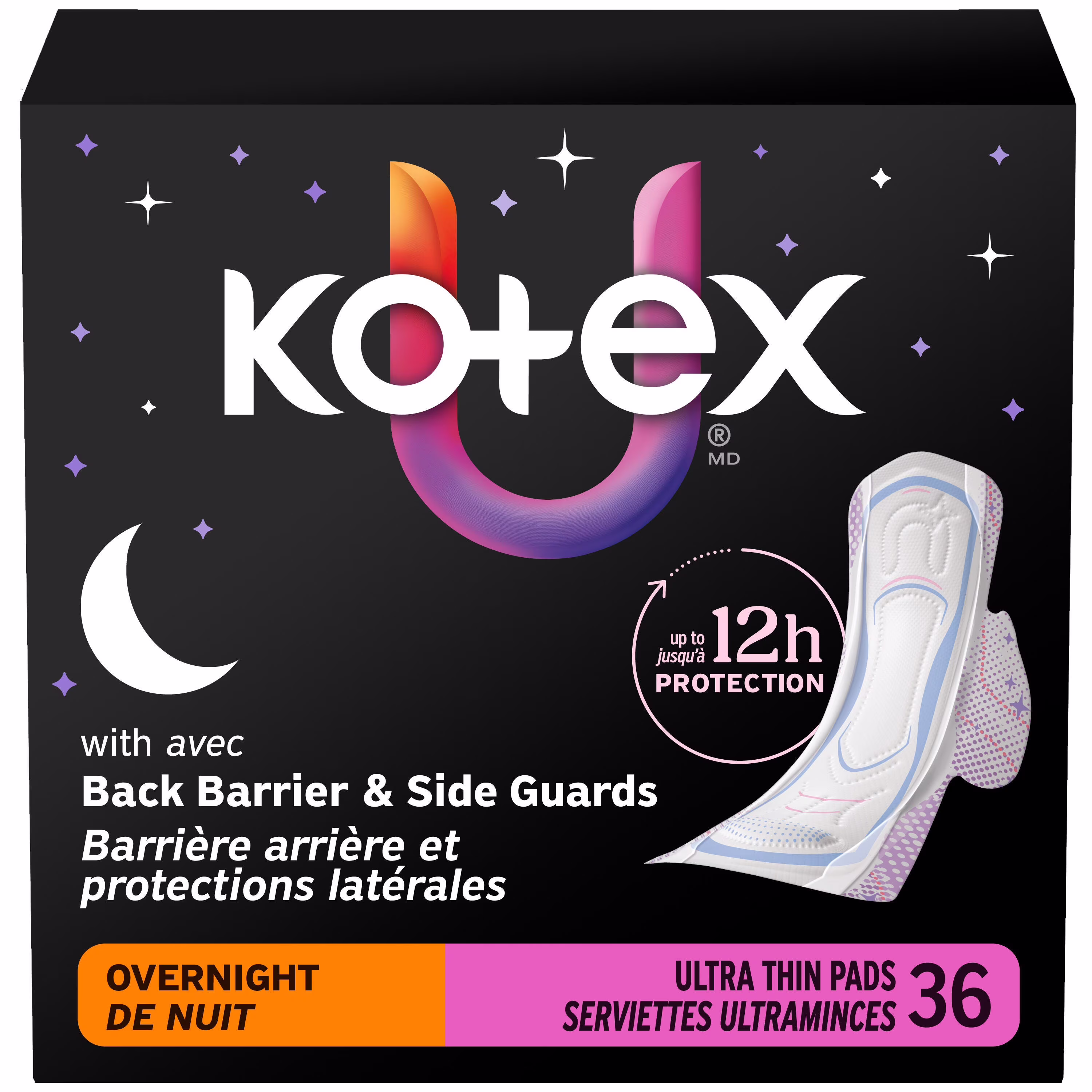 Serviettes ultraminces de nuit kotex avec ailes. absorption élevée. 36 unités