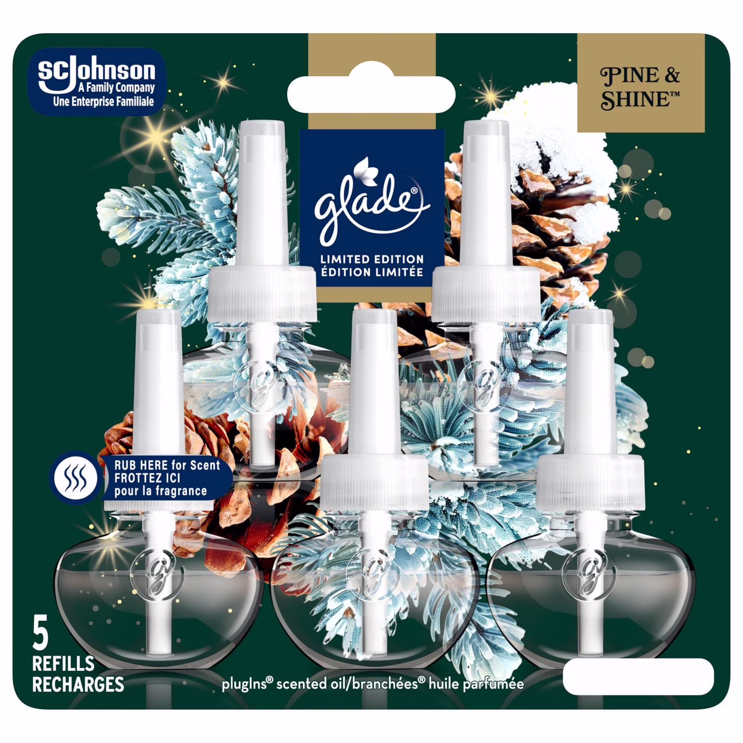 Glade des fêtes huile parfumée recharges. pine & shine cinq recharges