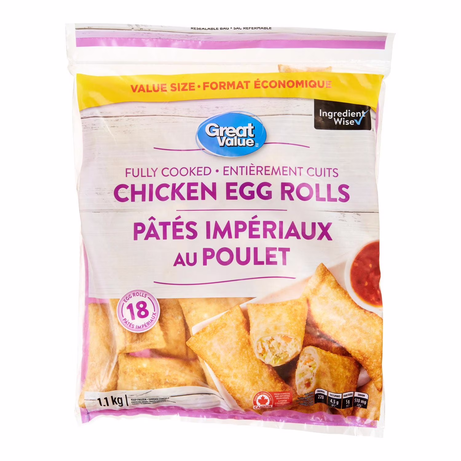 Rouleaux impériaux great value au poulet 18 morceaux. 1.17 kg