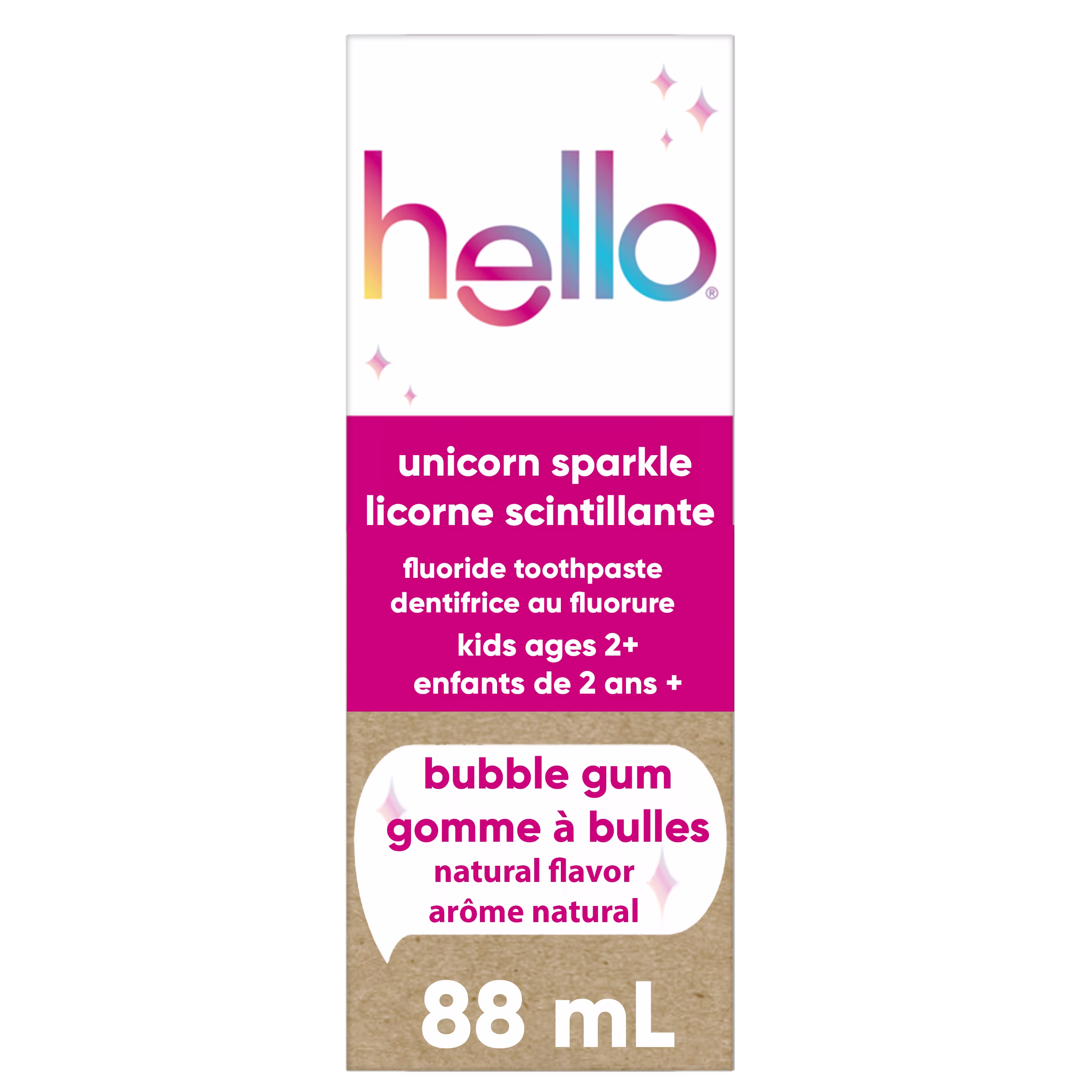 Dentifrice pour enfants hello unicorn sparkle au fluorure. dentifrice parfum gomme à claquer. tube de