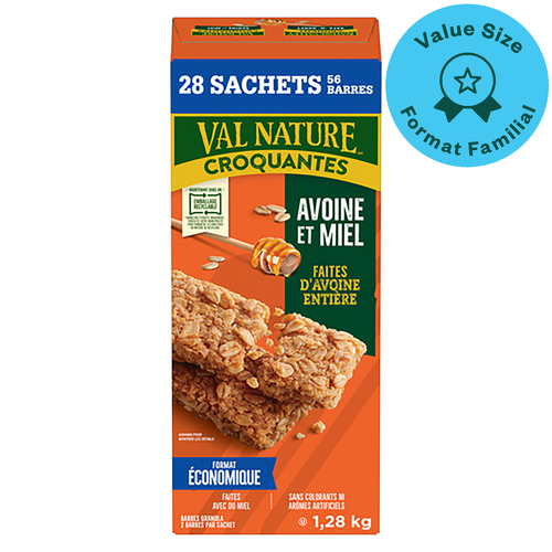 Val Nature Barres granola croquantes avoine et miel 2 barres par portion 28 portions 56 barres 1.28 g