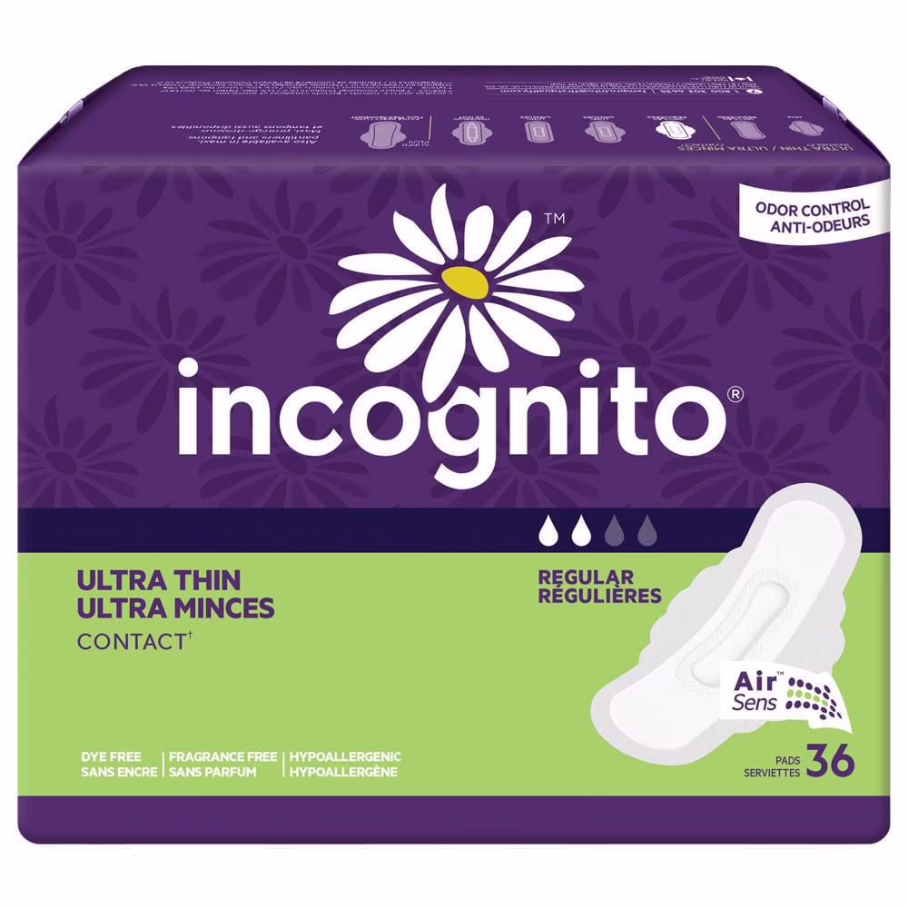 Serviettes ultra minces régulières contact d'incognito avec ailes 36 un sans encre et sans parfum