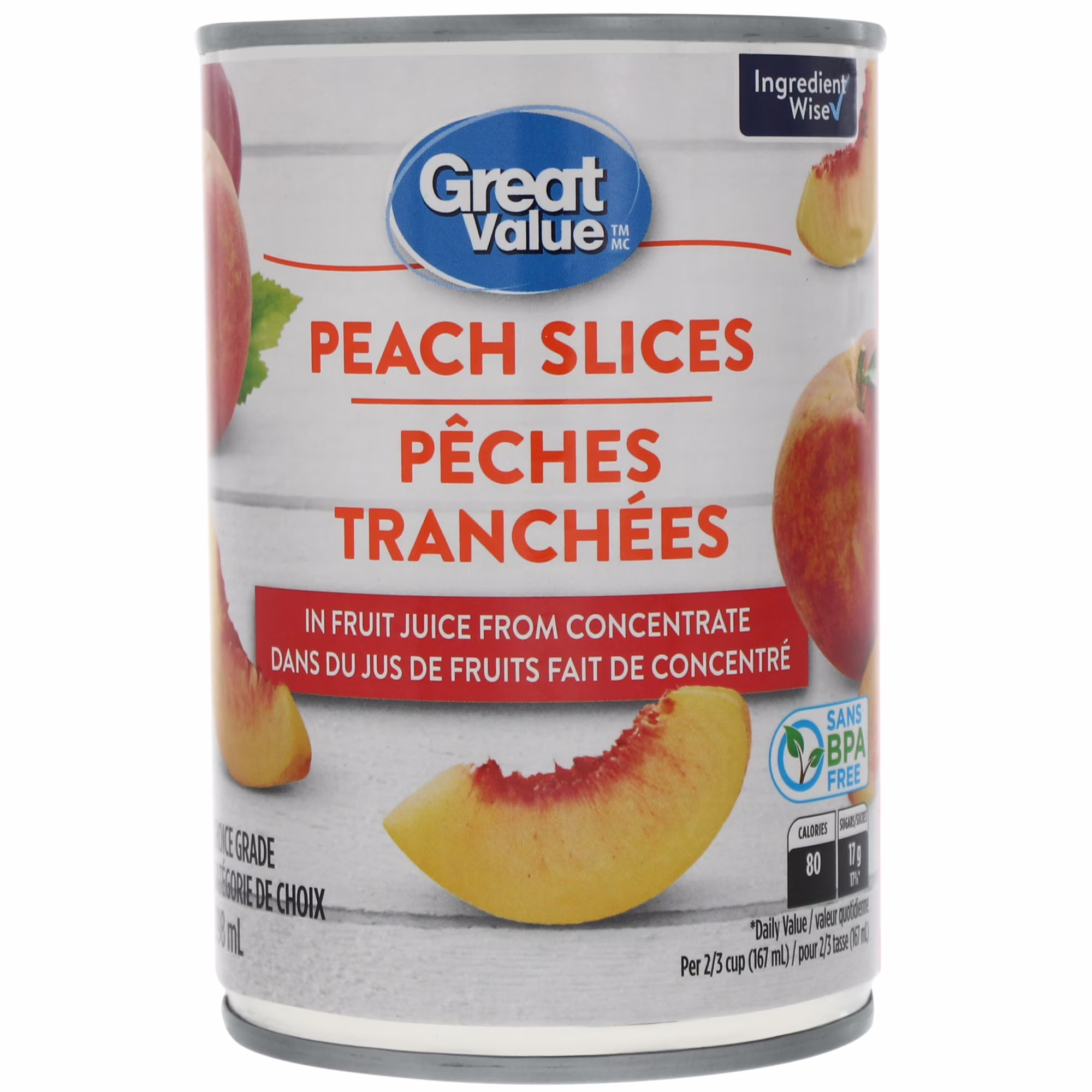 Pêches tranchées dans du jus de fruits fait de concentré great value