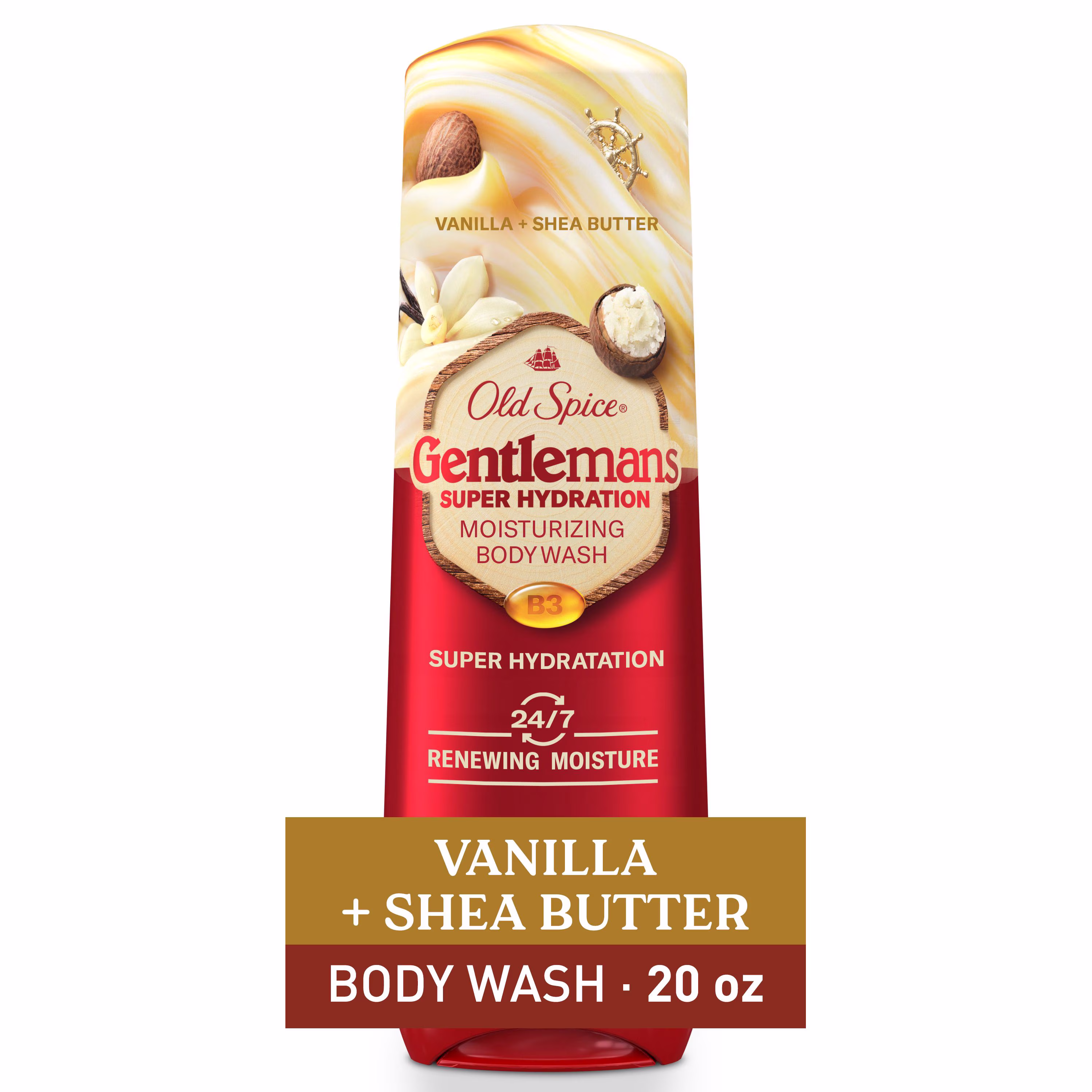 Nettoyant pour le corps pour hommes old spice super hydratation. vanille + karité. hydratation régénératrice 24 heures sur 24. 7 jours sur 7
