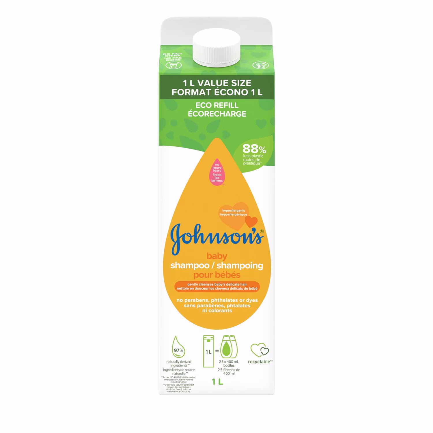 Johnson's recharge en carton de shampooing pour bébé. glycérine. shampooing pour bébé. doux. pour cheveux & cuir chevelu délicats. hypoallergénique. sans parabènes