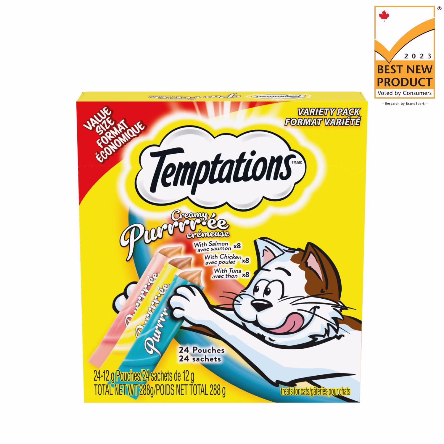 Temptations purée crémeuse au poulet & au saumon & au thon. gâteries léchables pour chats adultes. 24 sachets.