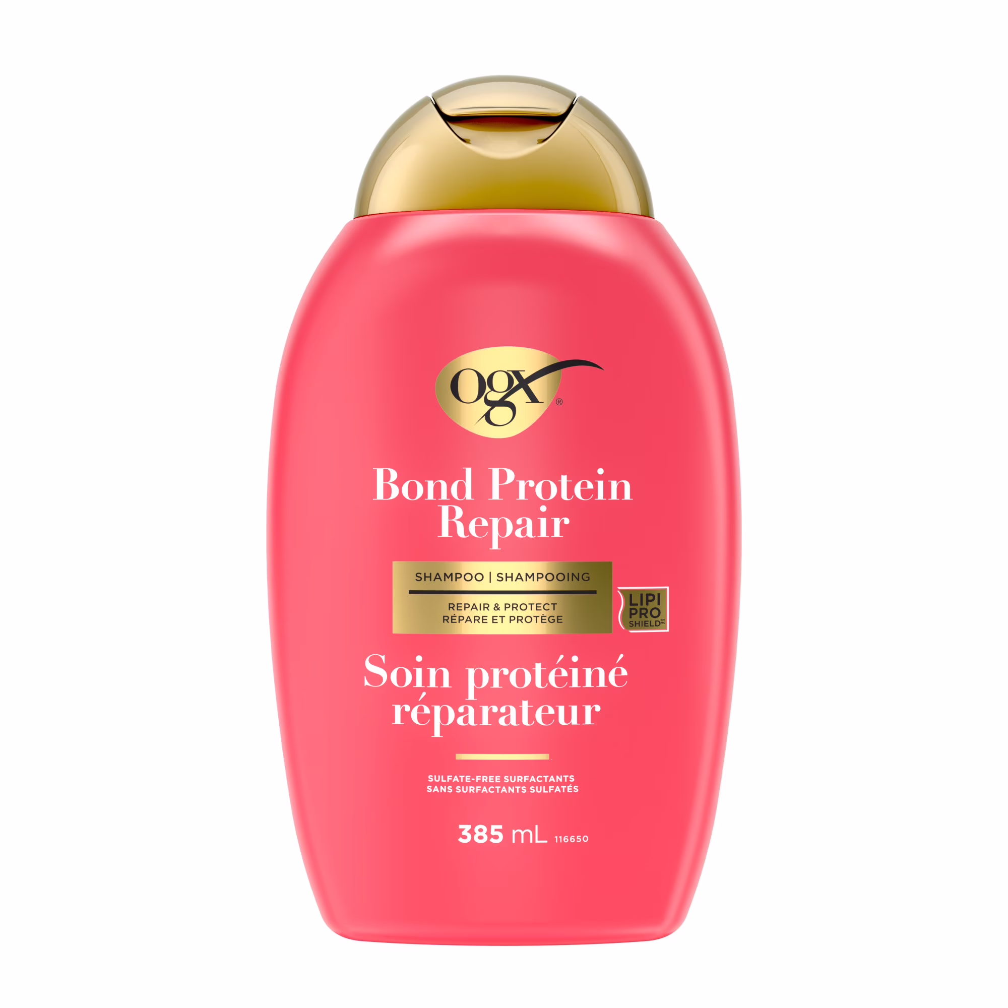 Ogx shampooing réparation des liaisons protéiques réparer et protéger. lavage capillaire léger qui nettoie et cible les zones abîmées des cheveux pour une réparation efficace des liaisons. sans surfactants sulfatés