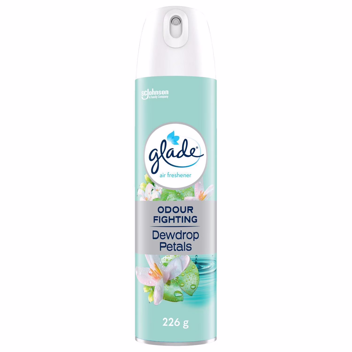 Glade purificateur dair en aerosol. pétales et gouttes de rosée