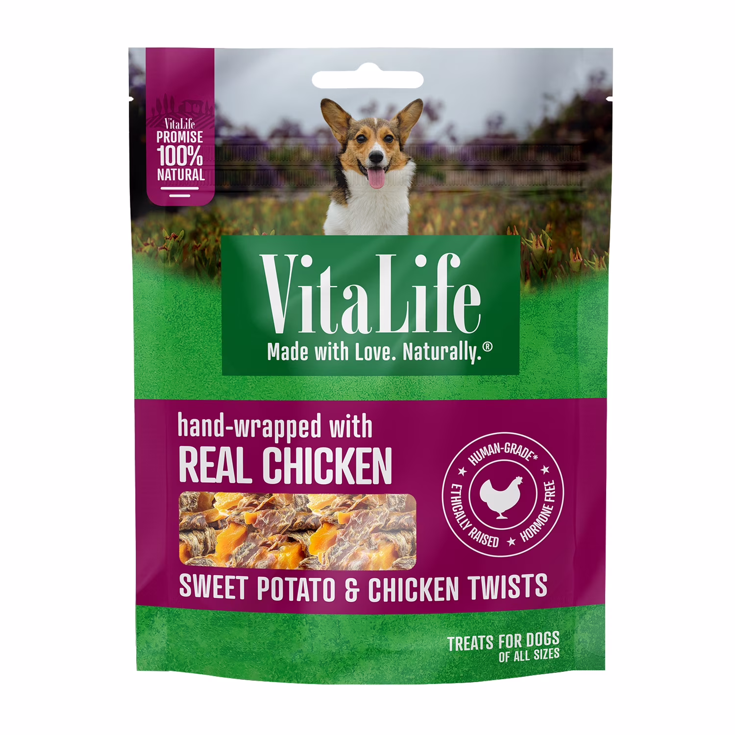 Torsades de patate douce et poulet vitalife. friandises pour chiens entièrement naturelles et à base de viande séchée