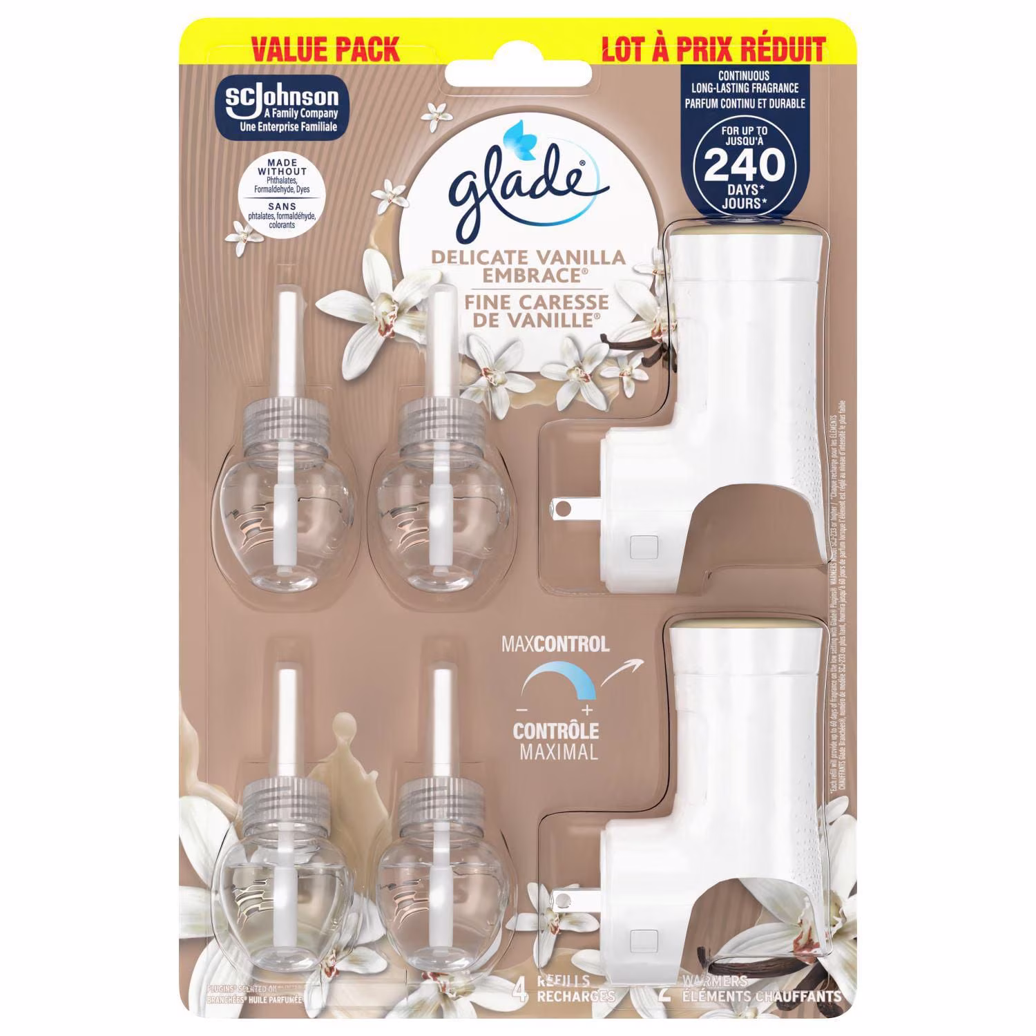 Glade branchées huile parfumée recharge. fine caresse de vanille. deux élément chauffant et quatre recharges glade gld 2+4 del vanila
